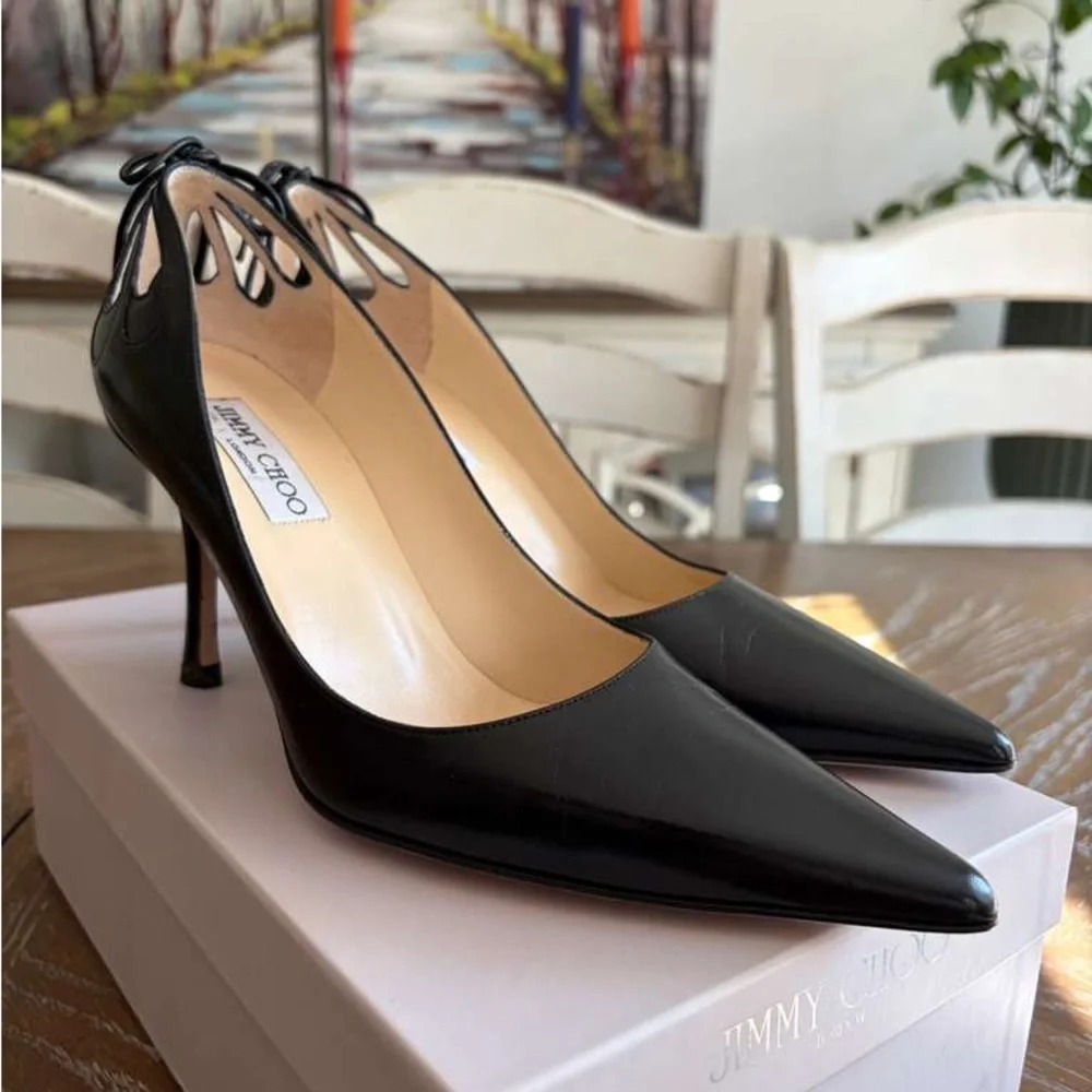 Jimmy Choo Pump Heels Black Leather Pointed Toe Cut Out Bow US 8.5